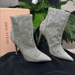 Thalia Sodi Silver Mesh Embellished Stiletto Ankle Boots - Women's 5M